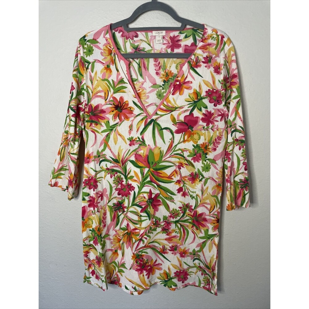 J Crew Tunic Top Size M Red Pink Floral Crepe V Neck 3/4 Length Sleeve Blouse
